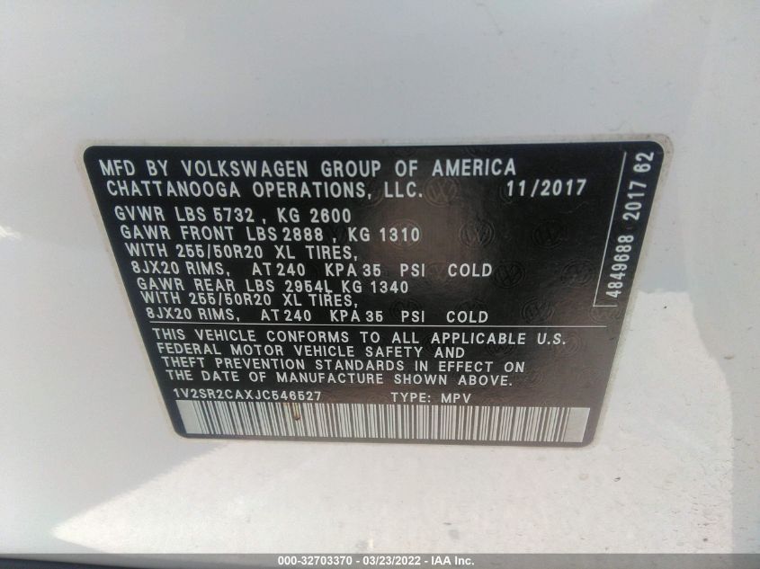 2018 VOLKSWAGEN ATLAS 3.6L V6 SEL 1V2SR2CAXJC546527