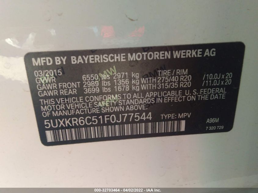 2015 BMW X5 XDRIVE50I 5UXKR6C51F0J77544