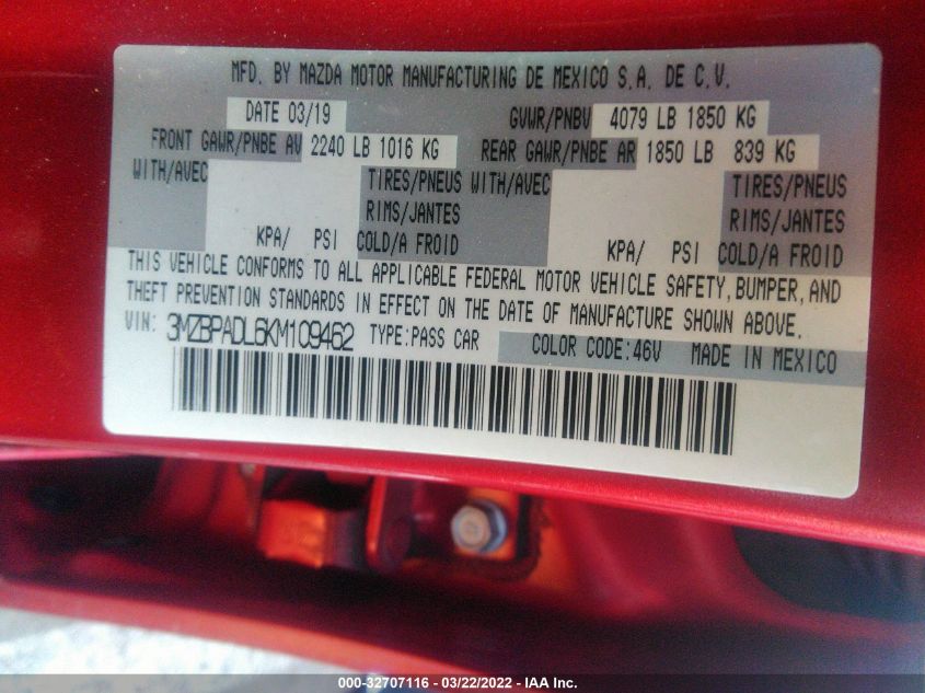 2019 MAZDA MAZDA3 SEDAN W/PREFERRED PKG 3MZBPADL6KM109462
