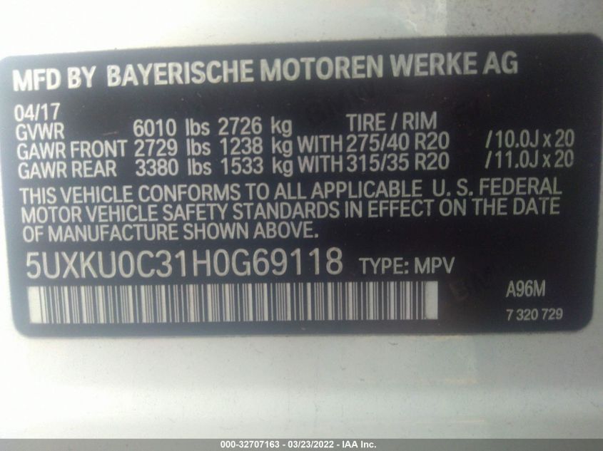 2017 BMW X6 SDRIVE35I 5UXKU0C31H0G69118
