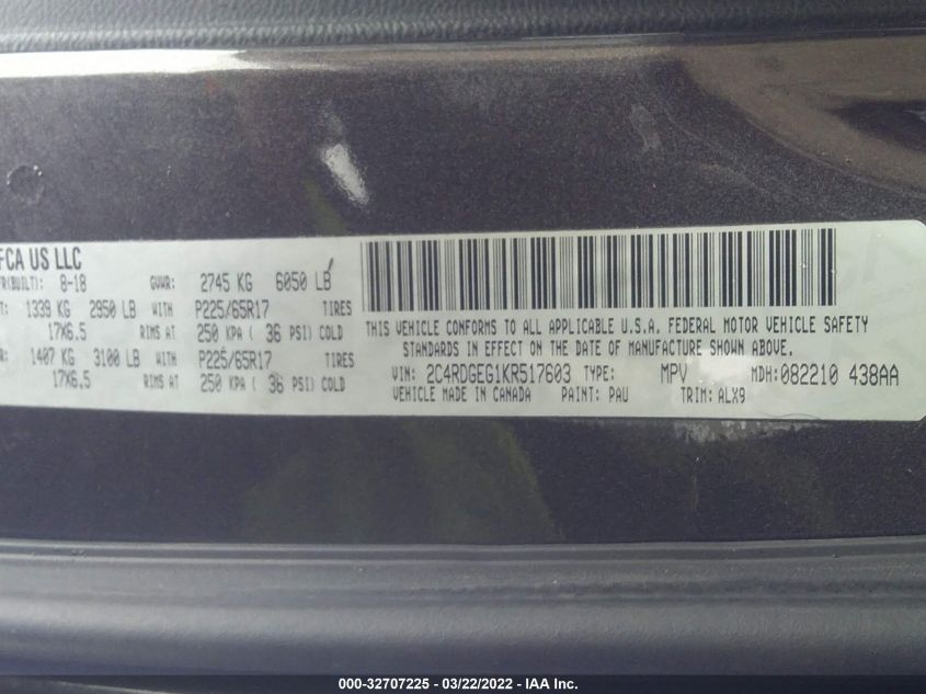 2019 DODGE GRAND CARAVAN GT 2C4RDGEG1KR517603