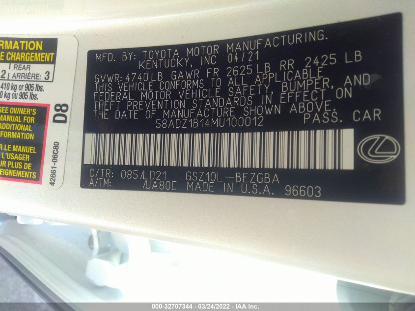 2021 LEXUS ES ES 350 58ADZ1B14MU100012