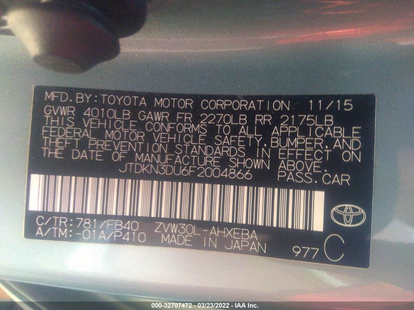 2015 TOYOTA PRIUS FOUR JTDKN3DU6F2004866