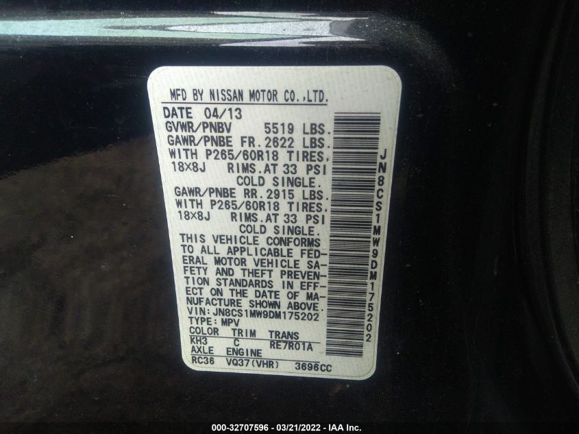 2013 INFINITI FX37 JN8CS1MW9DM175202
