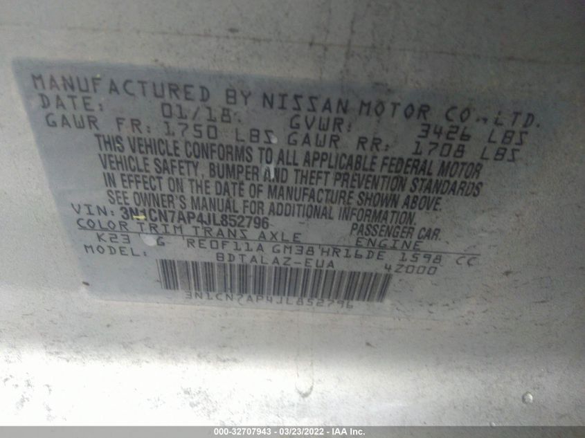 2018 NISSAN VERSA SEDAN S PLUS 3N1CN7AP4JL852796
