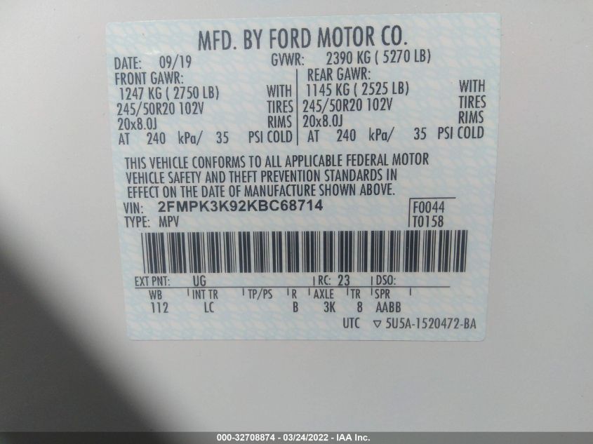 2FMPK3K92KBC68714 2019 FORD EDGE, photo no. 9