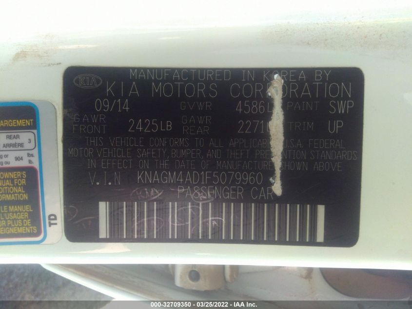2015 KIA OPTIMA HYBRID KNAGM4AD1F5079960