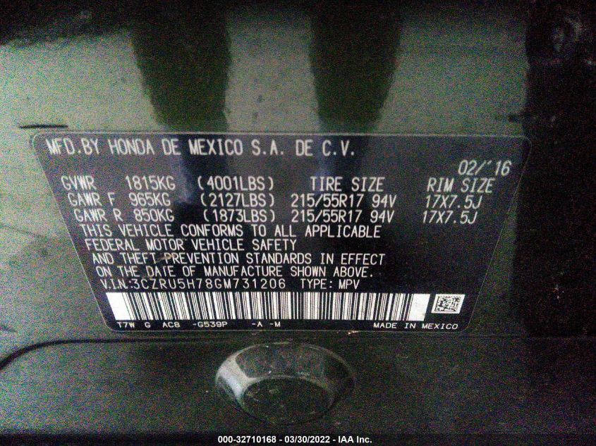 2016 HONDA HR-V EX-L W/NAVI 3CZRU5H78GM731206
