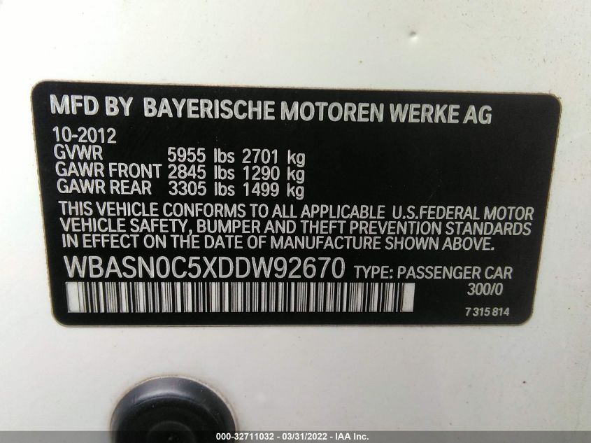 2013 BMW 5 SERIES GRAN TURISMO 550I WBASN0C5XDDW92670