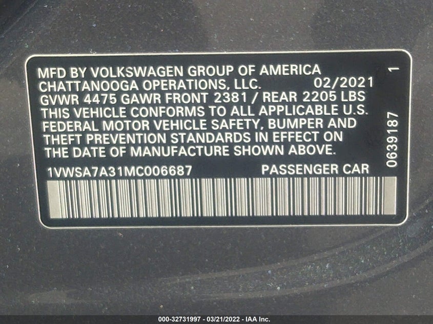 2021 VOLKSWAGEN PASSAT VIN: 1VWSA7A31MC006687