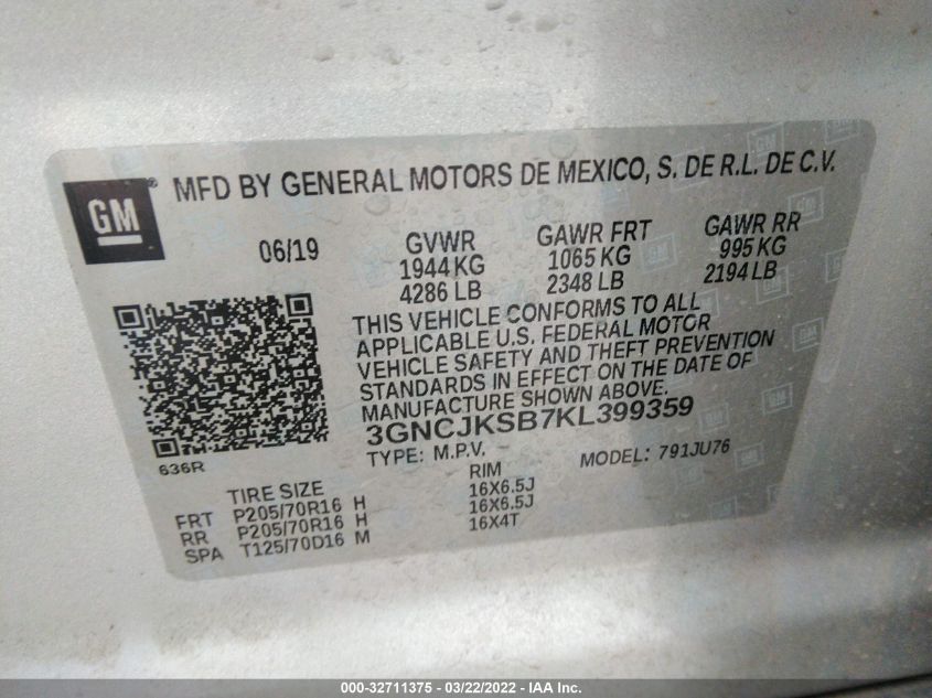 2019 CHEVROLET TRAX LS 3GNCJKSB7KL399359