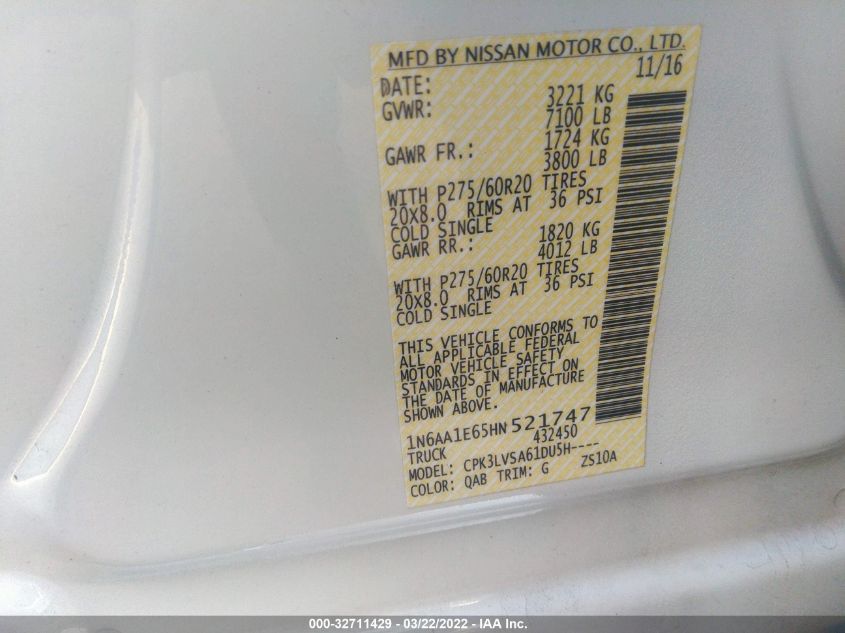 2017 NISSAN TITAN SL 1N6AA1E65HN521747