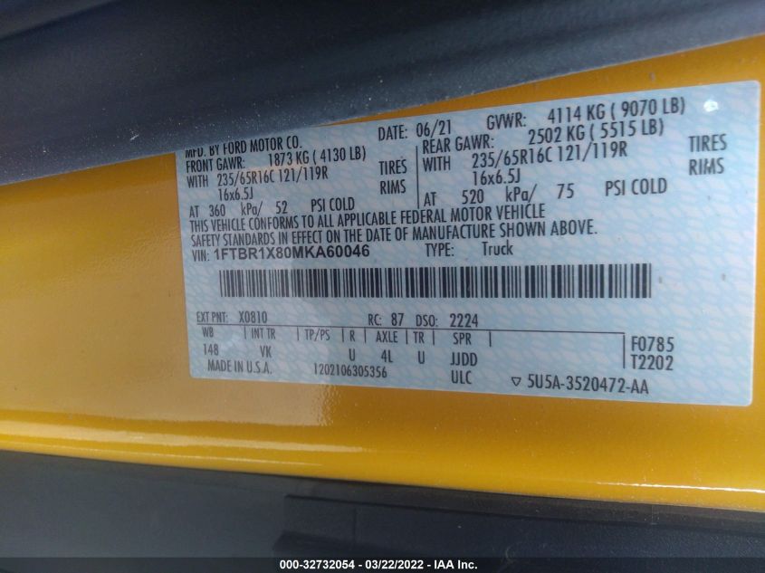 2021 FORD TRANSIT-250 CARGO VAN 1FTBR1X80MKA60046