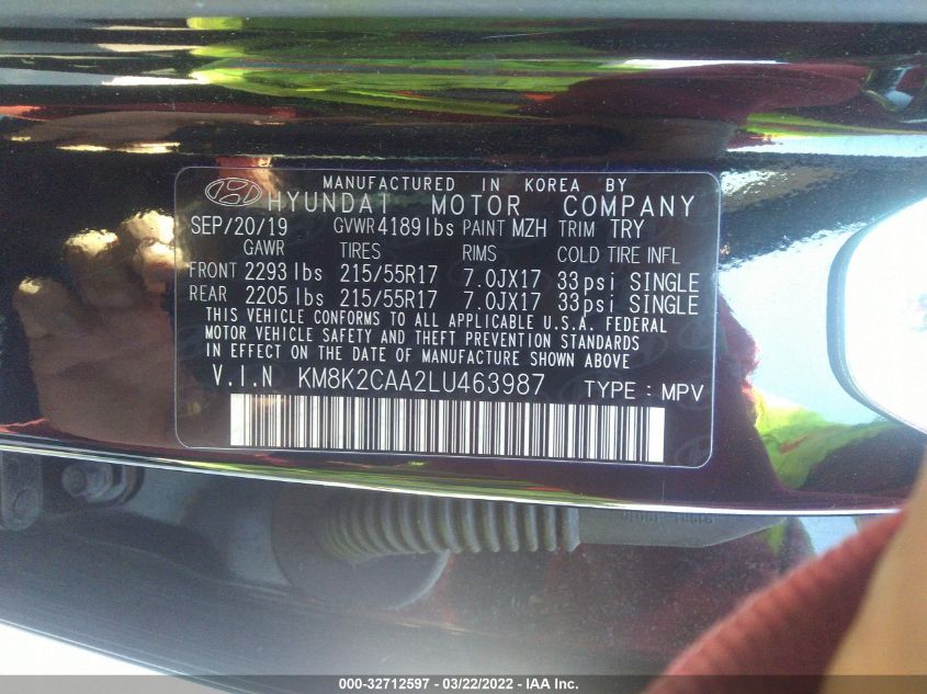 2020 HYUNDAI KONA SEL KM8K2CAA2LU463987