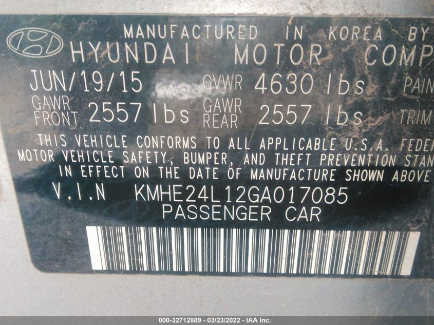 2016 HYUNDAI SONATA HYBRID SE KMHE24L12GA017085