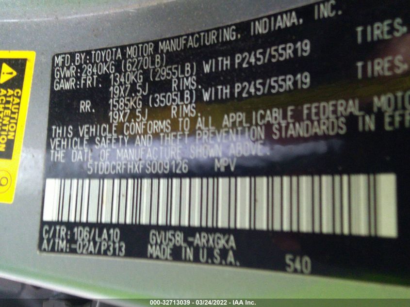 2015 TOYOTA HIGHLANDER HYBRID LIMITED 5TDDCRFHXFS009126