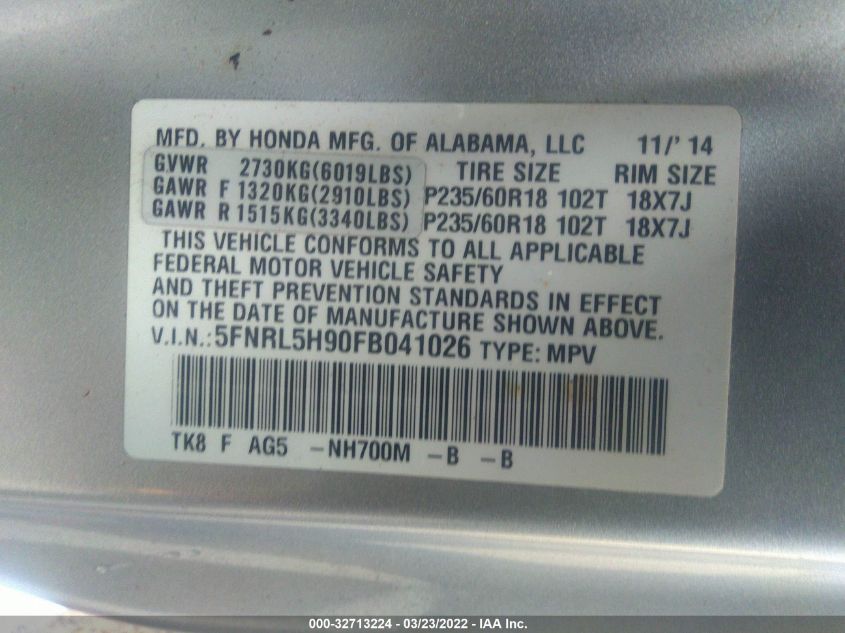 2015 HONDA ODYSSEY TOURING 5FNRL5H90FB041026