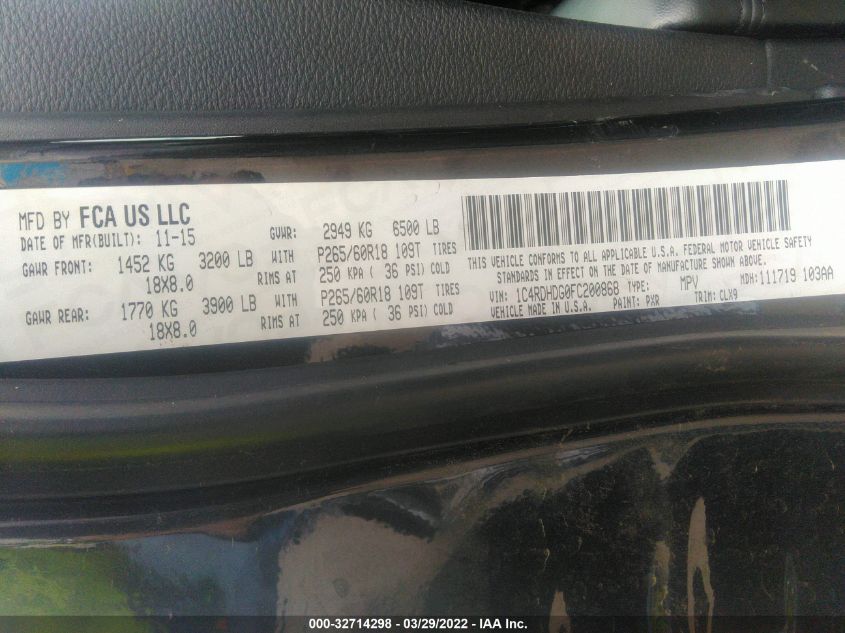 2015 DODGE DURANGO LIMITED 1C4RDHDG0FC200868