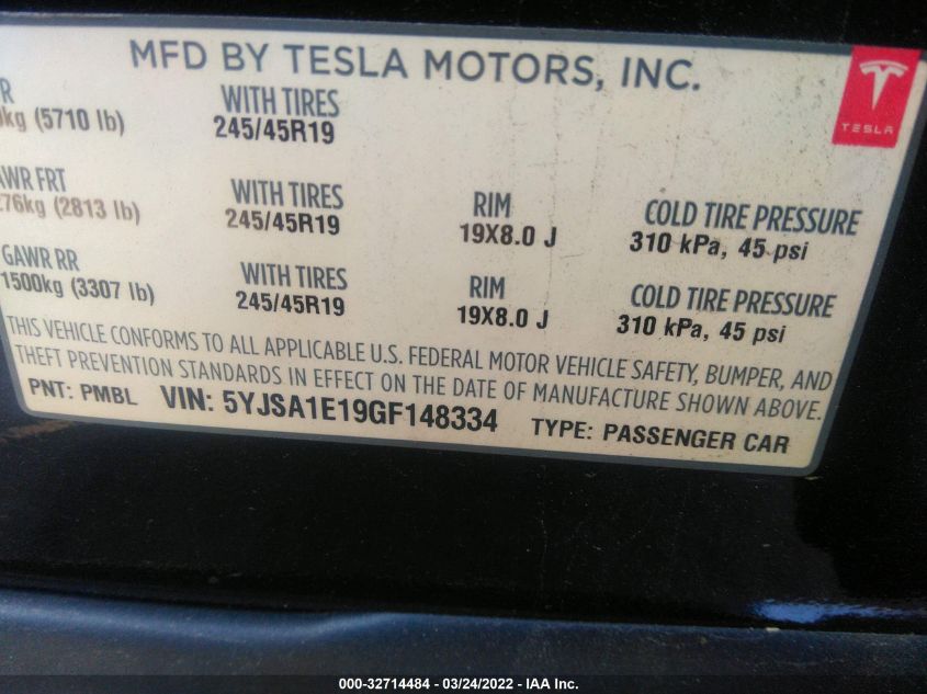 2016 TESLA MODEL S 70 KWH 5YJSA1E19GF148334