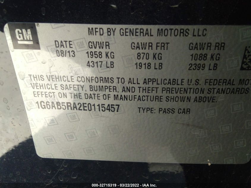 2014 CADILLAC ATS LUXURY RWD 1G6AB5RA2E0115457