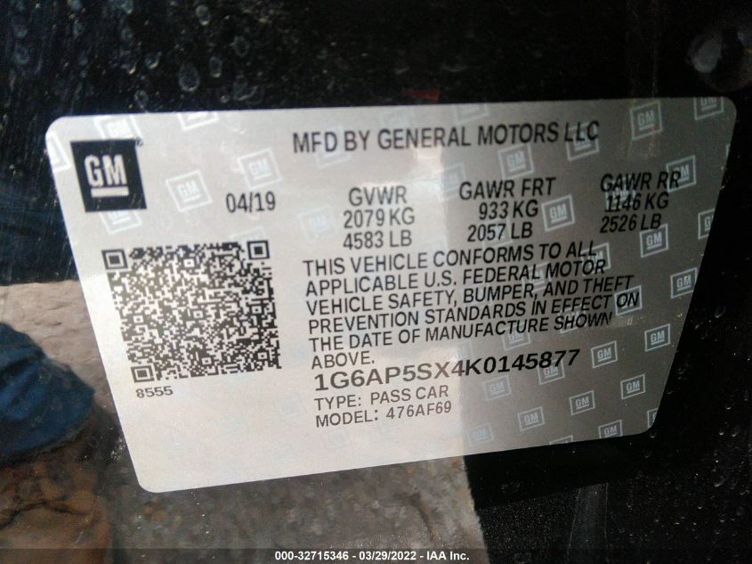 2019 CADILLAC CTS SEDAN RWD 1G6AP5SX4K0145877