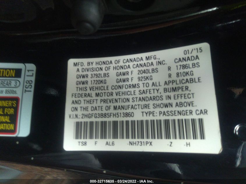 2015 HONDA CIVIC COUPE EX 2HGFG3B85FH513860