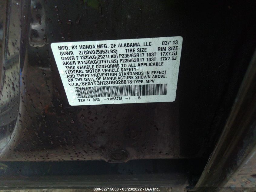 2013 HONDA PILOT LX 5FNYF3H23DB028018