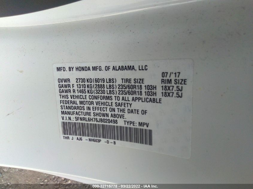 2018 HONDA ODYSSEY EX-L 5FNRL6H76JB020498