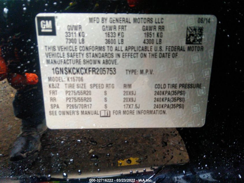 2015 CHEVROLET TAHOE LTZ 1GNSKCKCXFR205753