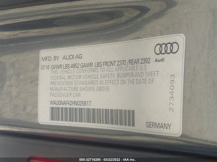 2017 AUDI A4 PREMIUM WAUGNAF42HN025817