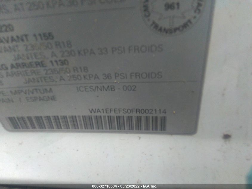 2015 AUDI Q3 PROGRESSIV WA1EFEFS0FR002114
