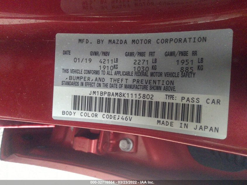 2019 MAZDA MAZDA3 SEDAN W/SELECT PKG JM1BPBAM8K1115802