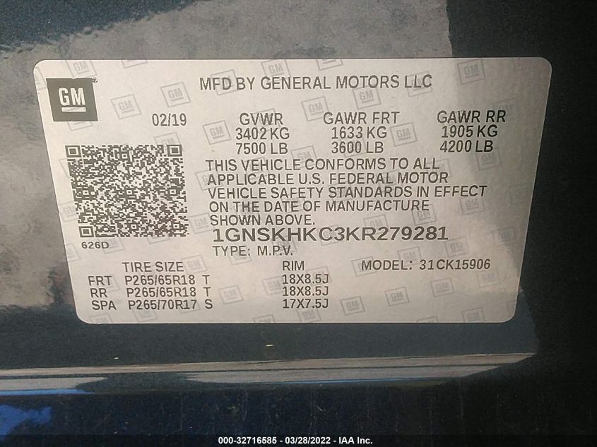 2019 CHEVROLET SUBURBAN LT 1GNSKHKC3KR279281