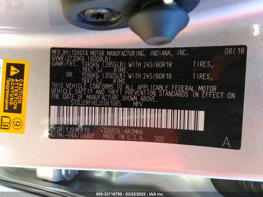 VIN 5TDJZRFH0JS561065 2018 TOYOTA HIGHLANDER SE/XLE