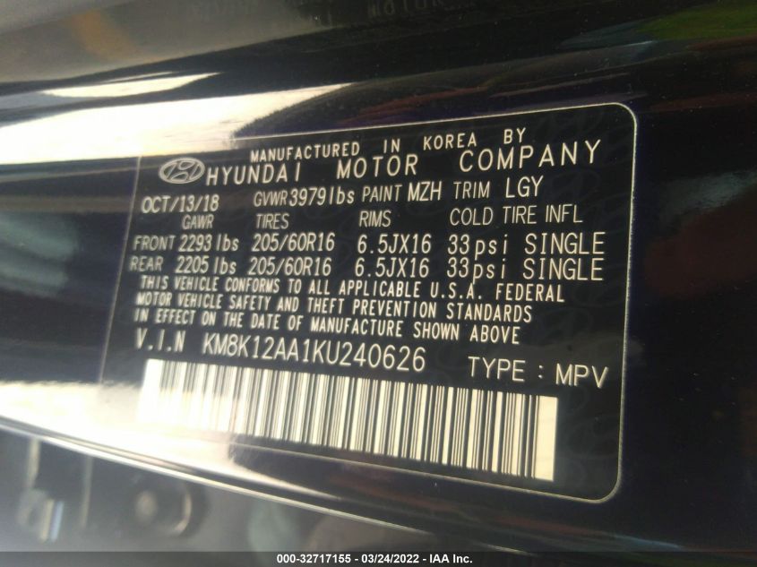 2019 HYUNDAI KONA SE KM8K12AA1KU240626