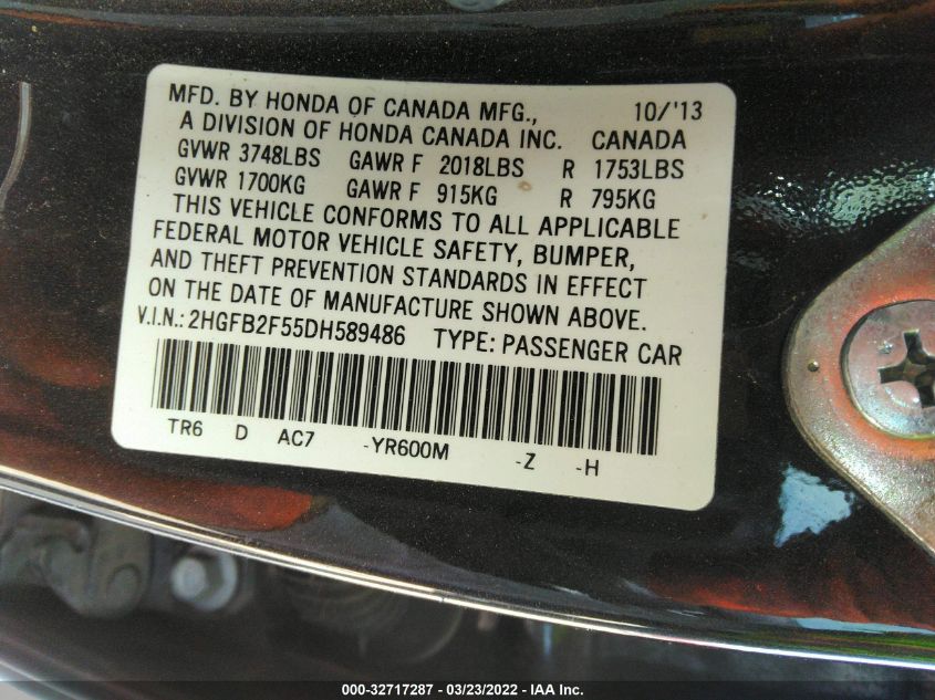 2013 HONDA CIVIC SDN LX 2HGFB2F55DH589486