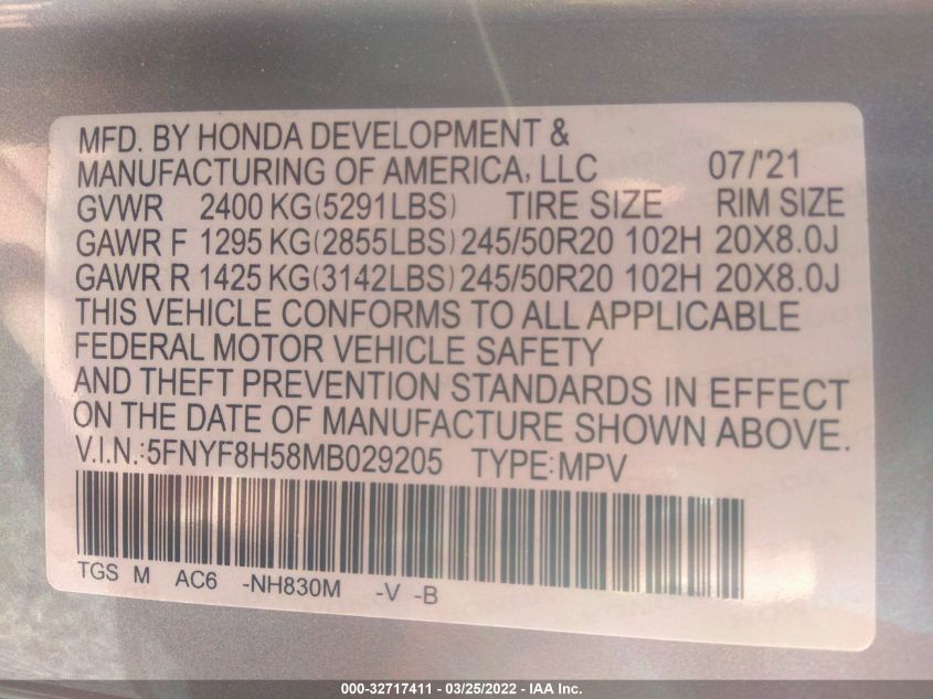 2021 HONDA PASSPORT EX-L 5FNYF8H58MB029205