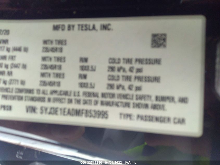 2021 TESLA MODEL 3 STANDARD RANGE PLUS 5YJ3E1EA0MF853995