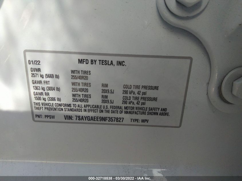 2022 TESLA MODEL Y LONG RANGE 7SAYGAEE9NF357827