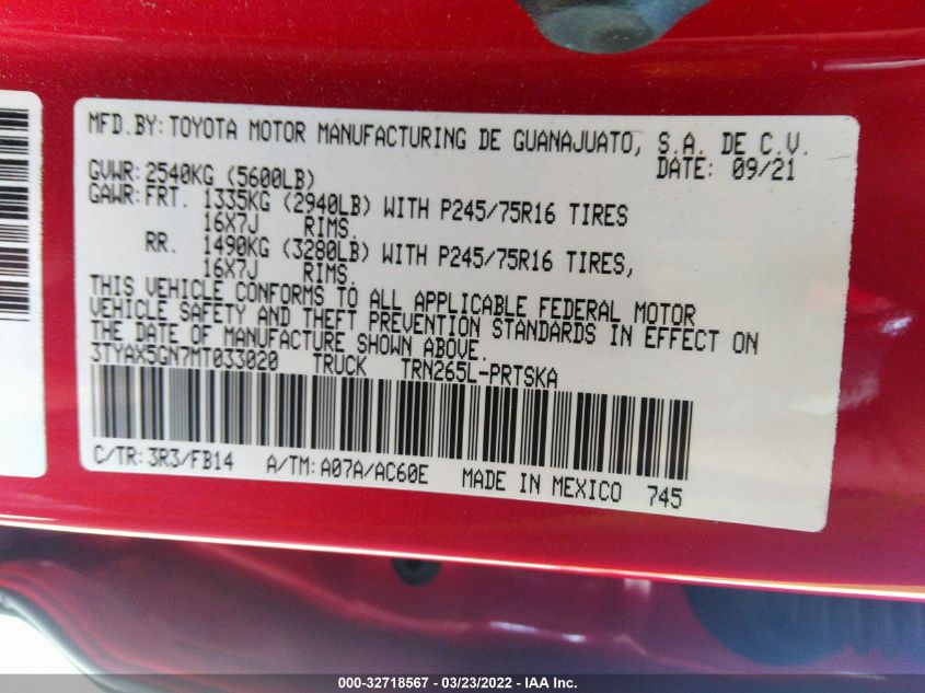 2021 TOYOTA TACOMA 2WD SR/SR5 3TYAX5GN7MT033020