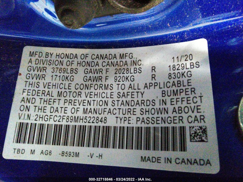 2HGFC2F89MH522848 Honda Civic Sedan SPORT 9