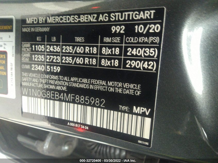 2021 MERCEDES-BENZ GLC GLC 300 W1N0G8EB4MF885982