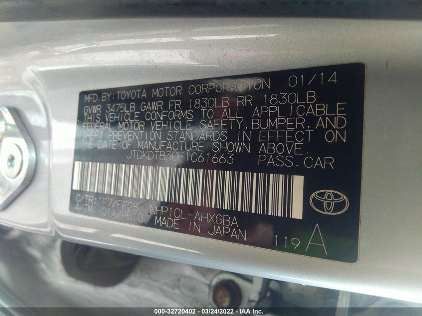 2014 TOYOTA PRIUS VIN: JTDKDTB30E1061663