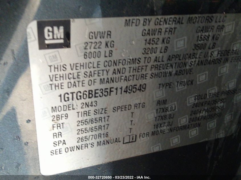 2015 GMC CANYON 4WD SLE 1GTG6BE35F1149549