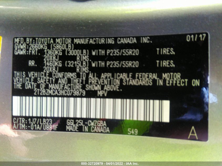 2017 LEXUS RX RX 350 2T2BZMCA3HC079879