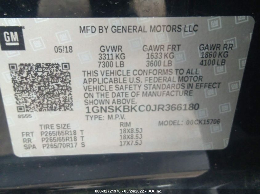 2018 CHEVROLET TAHOE LT 1GNSKBKC0JR366180