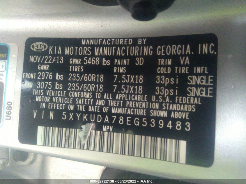 2014 KIA SORENTO EX 5XYKUDA78EG539483