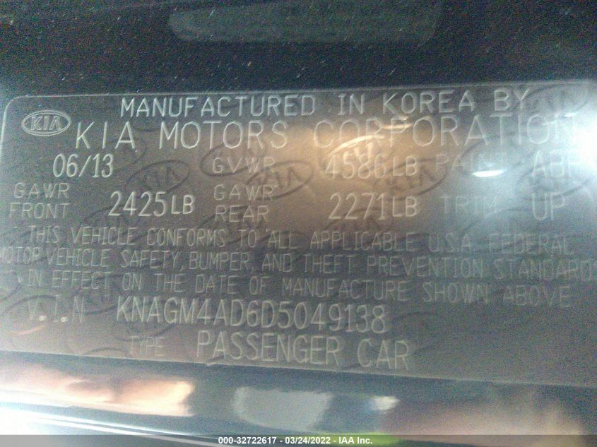 2013 KIA OPTIMA HYBRID LX KNAGM4AD6D5049138