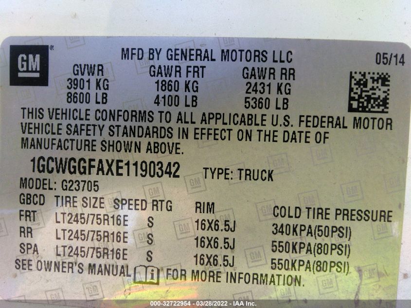 2014 CHEVROLET EXPRESS CARGO VAN 1GCWGGFAXE1190342