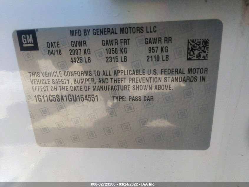 2016 CHEVROLET MALIBU LIMITED LT 1G11C5SA1GU154551